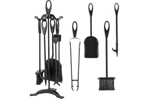 AMAGABELI GARDEN & HOME Amagabeli Garden Home Utensilios Chimenea 5 Piezas accesorios estufa leña Set clásico para chimenea Kit de Chimenea Atizador Escoba Pala y Soporte Negro