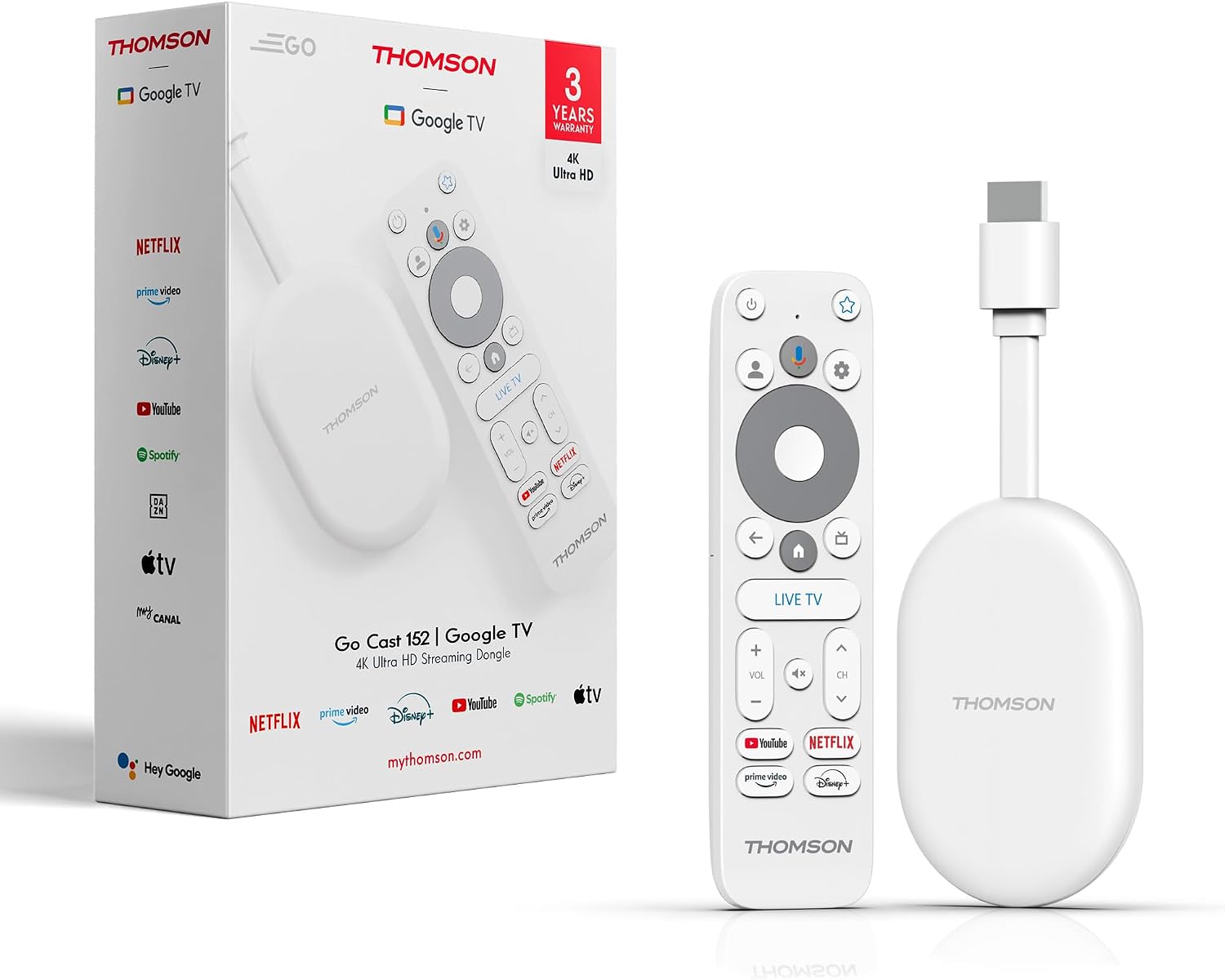Thomson Go Cast 152 Streaming Dongle, 4K UHD Google TV, Voice Control, Google Cast, Dolby Atmos, Dolby Digital+, HDR10, Portable, 2 GB RAM, 32 GB Storage