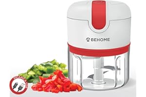 BEHOME Zerkleinerer mit Wiederaufladbar USB-Anschluss, Mini Elektrisch Klingen aus Edelstahl 250 ml - Zerkleinern, Schneiden und Hacken, Rot und Weiß