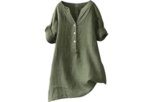 ZTFYKLIN Chemise Femme Lin Blouse Chic Et Élégant Tops Grande Taille Ample Hauts Été Manches Courtes T-Shirts Couleur Unie LâChe Respirant Shirts Col en V Boutonné Femmes Blouses Doux Confortable