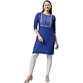 TeenTrums Women's Rayon Blend Embroidered Straight Kurti for Women, Stylish Kurti for Women with Gold Embroidery at Yoke