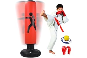 MEYDLL Sac de Frappe Enfant, 160cm Sac de Boxe Enfant, Gonflable Punching Ball avec Pompe à Air et Gants de Boxe pour Karaté Kickboxing, éQuipement D'EntraîNement, Cadeau pour GarçOns Filles