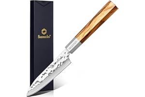 Sunnecko Coltello Cucina Universale Professionale - Coltelli da Cucina 11,6cm in Acciaio Inox Giapponese 440C Martellato, Manico in Legno d'ulivo Ottogonale