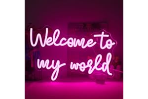LUCUNSTAR Welcome To My World neon sign, neon letter signs for wall decoration, pink neon lights signs with USB connection for bedroom, window, playroom, living room