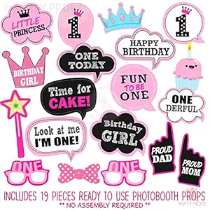 Party Propz Girls First Birthday Photo Booth Props-19Pcs(Pink Color) for 1st Bday Theme Supplies/Girl Baby Kids Combo Decorations Items/Cake Smash/High Chair,Babies Room Decor/Sticks Attached Props