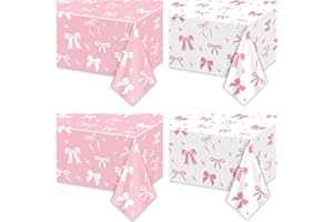 APUXXJUPA 4 pezzi rosa fiocco decorazioni compleanno 130 x 220 cm bianco e rosa archi tovaglia per ragazze compleanno decorazioni baby doccia forniture