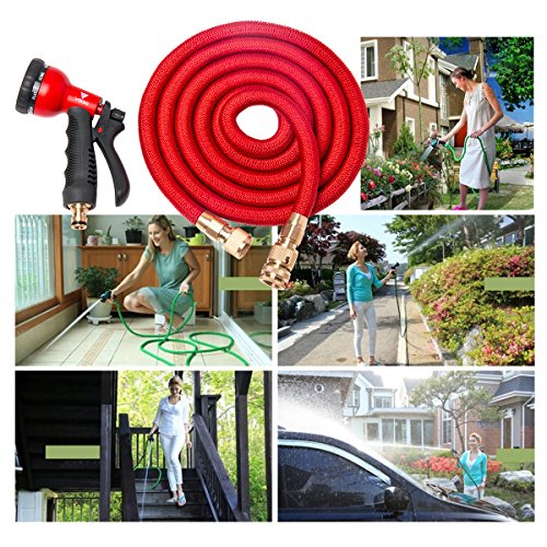 VOOKI Gartenschlauch mit 8-in-1 Brause 7m-30m Flexibel Dehnbar Wasserschlauch für Gartenarbeit Bewässerung Camping Reinigung, Dreifach-Latex-schlauch & massivem Messing Schnittstelle – (Rot 30m) - 2