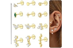 Krfy 16G/18G Helix Tragus Piercing Schmuck Chirurgenstahl Innengewinde Forward Helix Studs Ohrring Gold Silber Flache Ohrringe Nasenpiercing Labret Tragus Knorpel Conch Piercing Ohr 6/8MM