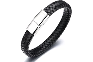 HALUKAKAH ● Solo ● Pulsera Hombre Cuero Genuina Marrón/Negro con Cierre Magnético Titanio Acero Inoxidable Oro/Plata Tamaño Ajustable 8.46"-9"(21.5-23cm) con Caja de Regalo