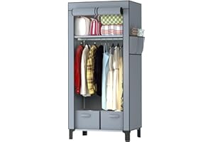 LOEFME Armadio, Armadio in Tessuto con tasche laterali, armadio salvaspazio, Guardaroba Pieghevole con Barra di Sospensione, armadio con due scatole, 161 x 59 x 45 cm（Grigio）