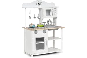 COSTWAY Cucina Giocattolo per Bambini, Cucina per Bambini in Legno con Forno, Microonde, Lavello e Rubinetto, con Accessori, Pentole e Utensili per Cucinare, per bambini 3+ Anni