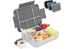 Bugucat Bento Lunch Box 1330ML,kids Lunch Box Bento Boxes with 6 Compartments Cutlery,Leak Proof Lunchbox Snack Boxes for Kids Adult,Kids Lunch Box with Compartments for School Kindergarten Grey