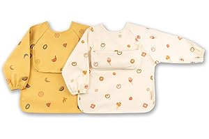 ÜneeQbaby Wasserdichte Baby- und Kleinkind-Lätzchen, langärmelig, Ökotex, zum Füttern und Spielen, mit Brusttasche, Overallmock, 2 Stück