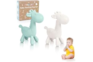 TYRY.HU Beißring Baby Silikon Beißspielzeug kühlend Zahnungshilfe Giraffe Kauspielzeug Greifling Sensory Kühlender Hirsch Kinder Relief Beißring 3 6 12 Monate Geschenke für Jungen und Mädchen 2 Stück