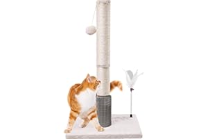 Craftsboys 74cm Tall Cat Scratching Post with Feater Toy, Hanging Plush Ball, Natural Sisal Rope for All Age Cats (Grey)