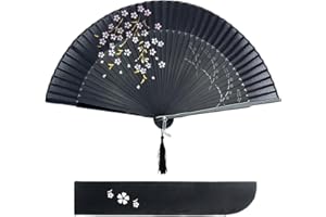 Dazone Eventail Style Japonais Motif de Sakura pour Noël Fête Théâtre Mariage Cadeau Fête Festivals Anniversaires (Noir)