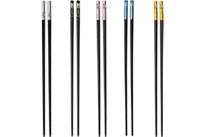 SZXMDKH Pałeczki z włókna szklanego, 5 par, antypoślizgowe, wielokrotnego użytku, zestaw pałeczek do sushi, makaronu, ryżu, złoty, czarny, różowy, niebieski, srebrny, nadaje się do mycia w zmywarce