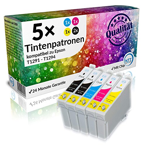 N.T.T.® 5 Stück XL Tintenpatronen für Epson Stylus (2x T1291 , 1x T1292 , 1x T1293 , 1x T1294) mit Chip;