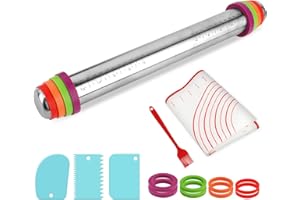 QOUBNIC Rodillo de Masa Acero Inoxidable, 17 Pulgadas Rolling Pins de Metálicos 4 Anillos Ajustables (2-8mm) Alfombrilla Silicona Antiadherente Juego Completo Espátula Cepillo para Pizza Galletas