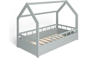 MS FACTORY Lit Enfant Bébé Maison 80x160 cm - Lit en Massif Cabane avec Protection Anti-retombée, Barrière Sécurité - Style Scandinave Montessori - Gris Demi-barrières