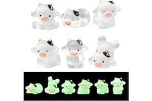 VIRELLE 6pcs Mini Cow Figurines Tiny Resin Luminous Animals Mini Resin Figures Little Plastic Animals Miniature Animal for Garden Landscape Home Car Dash Decor Party Cake Headbands DIY (transparent color)