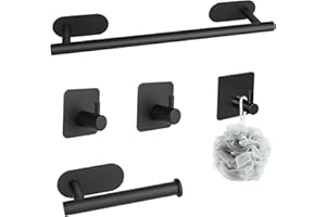 YUNYODA Juego de Toalleros de Baño Sin Taladro, 5PCS Accesorios Baño de Acero Inoxidable, Toallero Adhesivo Baño, Portarrollos para Papel, Gancho de Pared para Toallas, 40cm, Negro