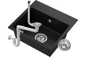 Granitan Spülbecken Milos 45 x 42 cm - Waschbecken für Küche - Granitspüle mit vorgebohrte Löche - Einbauspüle mit Siphon - Schwarz