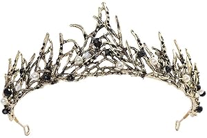 JENICH Corona Barroca Corona de Perlas Negras Vintage Princesa Pelo Corona Corona de Cristal Negro Tiara de Boda Halloween