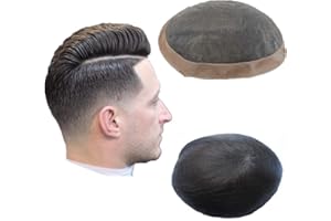 N.L.W. Peluca Natural Hombre NLW 100% Cabello Humano Toupet Hombre Mono Lace y PU Around 9 * 7 Pulgadas (9 * 7#1B)