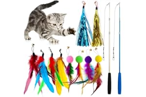 Voarge 12 szt. Interaktywne zabawki dla kota pióro, zabawki dla kotów w żywych kolorach (trzyczęściowy zestaw 2 wędki, 10 wymiennych główek z dzwonkiem