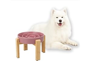 PTOBER Comedero para Perro Antivoracidad de Cerámica Elevado - Cuenco Lento con Soporte de Bambú - Plato Laberinto para Perros Medianos y Grandes - Rosa - 22,5 cm