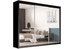 SERENITY SELECTION Modern Wardrobe with FULL Length Mirror - 2 & 3 Sliding Doors wardrobe,Adjustable Shelves,Hanging Rails,and Ample Storage Space-Stylish Bedroom Furniture (Black, 250cm)