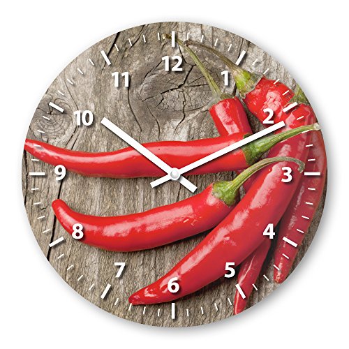 Wanduhr mit Motiv - Peperoni - aus Echt-Glas | runde Küchen-Uhr | große Uhr modern