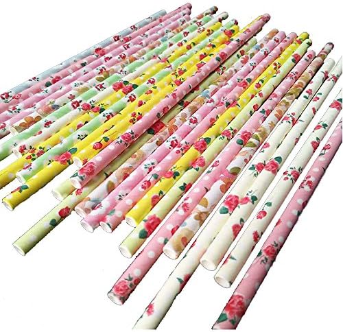 BIPY Paper Drinking Straws Floral Biodegradable Disposable Straight Straw Rose Pattern for Celebrations Birthday Wedding Party 250PCS/Pack