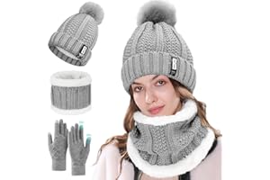TOLOYE Gorro y Bufanda de Invierno, Mujer Gorro de Beanie Pompón Bufanda de Punto con Forro Polar Suave y Cálido para Esquí Diario Deportes al Aire Libre Regalo de Invierno