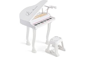 COSTWAY Kinder Keyboard mit 37 Tasten & Hocker, elektronische Klaviertastatur tragbar mit Mikrofon, LED-Lehrmodus, Aufnahme- & Wiedergabefunktion, Musikinstrument für Kinder ab 3 Jahre (Weiß)