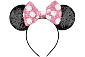 YUNISS Diadema con Orejas de Ratón, Diadema con Purpurina con Lazo de Lentejuelas, Diademas de Decoración de Fiesta para Niñas y Mujeres (Rosa Claro)