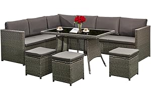 AFURNI 9 seat Rattan Furniture 7 Pieces Outdoor Patio Furniture Set Outdoor Sectional Sofa Conversation Set All Weather Rattan Dining Table & Chair with Ottoman, Grey