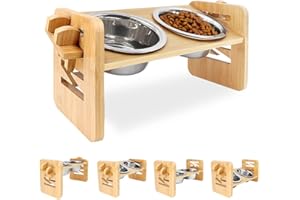 Qlfyuu Raised Dog Bowl for Small Dogs and Cats, Adjustable Bamboo Bowls with Stand 2 Stainless Steel Bowls, Elevated Feeding Food Water (Medium)
