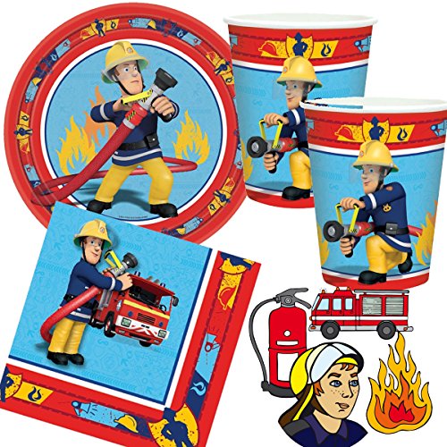 37-tlg. Set: FEUERWEHRMANN SAM mit 8 Pappteller + 20 Servietten + 8 Pappbecher + XXL-Konfetti für Kindergeburtstag // Teller Becher Essen Pappe Geschirr Party Deko Dekoration Einweg Kinder Geburtstag Mottoparty Feuerwehrauto Feuerwehr Fireman