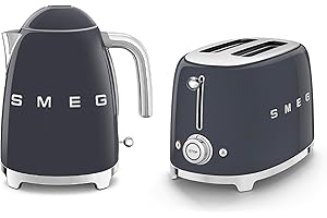 Smeg 50’s Style Retro Range Breakfast Set, 1.7L 3000W Kettle and Multi-Functional Control 2-Slice 950W Toaster, Slate Grey, KLF03GRUK/ TSF01GRUK