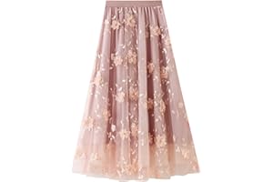 Odizli Tüllrock Damen Lang Elegant Vintage Blume Stickerei Elastisch High Waist A Linie Swing Midi Rock
