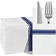 KMAKII Paper Dinner Napkins with Built-in Flatware Pocket Disposable Paper Cloth Like Hand Napkins Absorbent Napkins for Parties, Weddings, Events Linen-Feel (100 Pack,16x16 inches-Blue Stripe…
