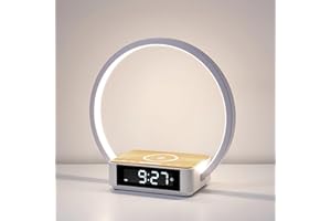 ‎WILIT WILIT LED Nachttischlampe mit Ladefunktion, Lichtwecker Wecker mit Uhr, Nachttischlampen Touch Dimmer Schlafzimmer mit 3 Helligkeitsstufen, 10W Wireless Charger, Holz