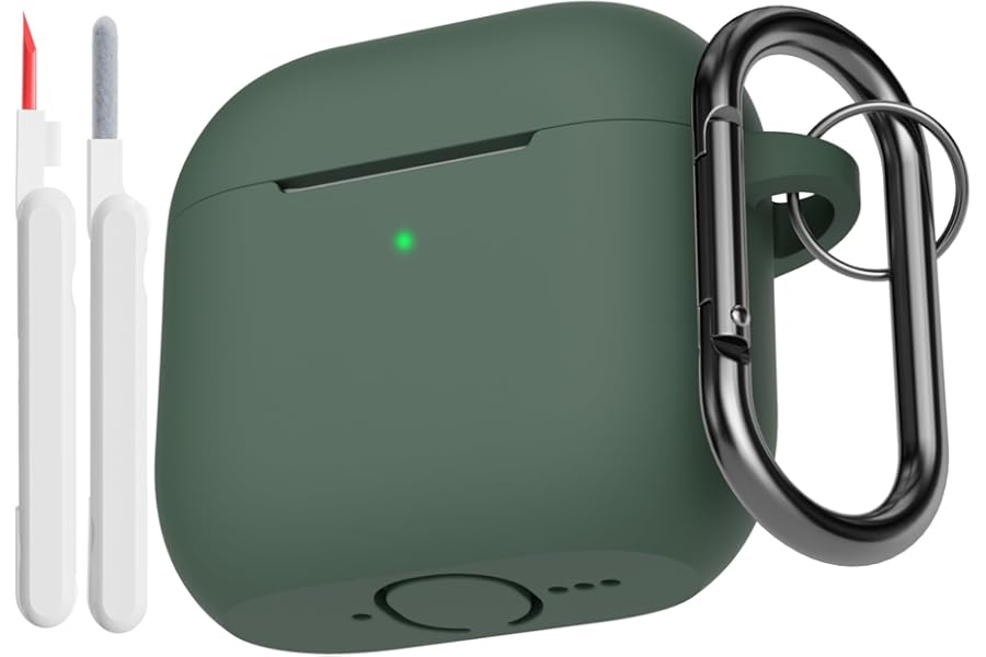 KOKOKA Case Cover Compatible for AirPods 4th Generation with Cleaner Kit, Soft Silicone Full Body Shock Absorbing Protective Case for Airpods 4 2024 with Cleaning Pen & Carabiner, Deep Green