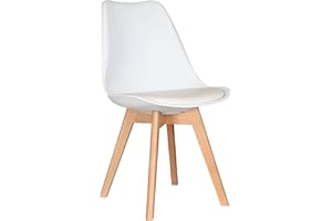 P&N Homewares Retro Modern Dining Chairs – Lorenzo Plastic Chairs with Cushioned Pad Seat & Solid Beech Wooden Legs - Mid Century Side Chair for Dining Room Living Room Kitchen (Single, White)