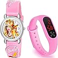 Emartos Rubber Girls Pink Barbie Analogue And Digital Led Display Watch For Kid's & Girl's Watches Combo Pack Of 2, Band Color:Multicolor