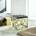 Dence Store Velvet Footrest Ottoman, Round for Use in Any Bedroom, Living Room, Entryway, Offices: Contemporary Round Stool Seat Sturdy Gold Metal Base Accent Furniture-(Grey)