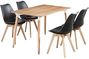P&N Homewares Rectangular Dining Room Table Set for 4 - Wooden Dining Table & Dining Room Chairs Set of 4 with Cushions - PU Padded Seat w/Solid Wood Legs - Modern Round Dining Set