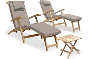 Jati Set of 2 Teak Steamer Chair with Cushion (Taupe) and Picnic Table - Foldable, Reclining Backrest, Removable Footrest, Delivered Ready-Assembled